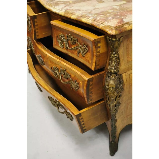 French Louis XV Style Inlaid Marble Top Bombe Commode Chest With Bronze Figures For Sale - Image 10 of 12