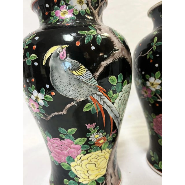 Mid Century Chinoiserie Birds With Peonies Hand Painted Porcelain Vases- a Pair For Sale In West Palm - Image 6 of 12