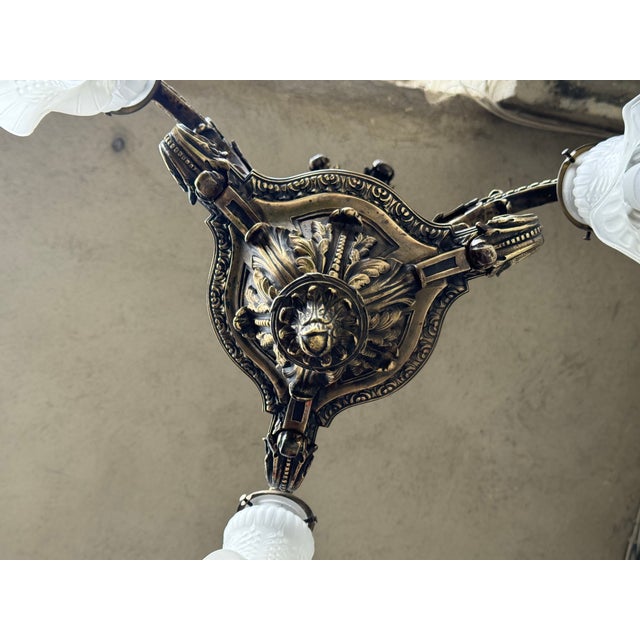 1920s Vintage Bronze Pendant Light with Frosted Glass Shades, 1920s For Sale - Image 5 of 18