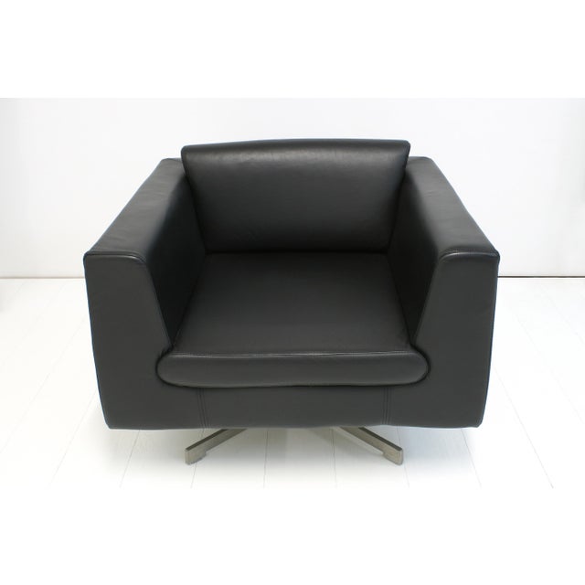 Minimalist Black Leather Swivel Club Chairs, 1990s, Set of 2 For Sale - Image 9 of 11