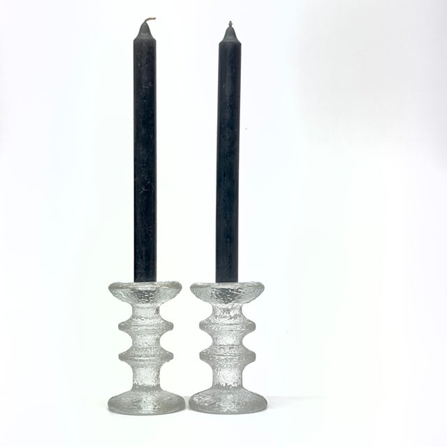 Transparent textured candle holders, set of 2 A groovy set of textured ice glass candle holders by Timo Sarpaneva for...