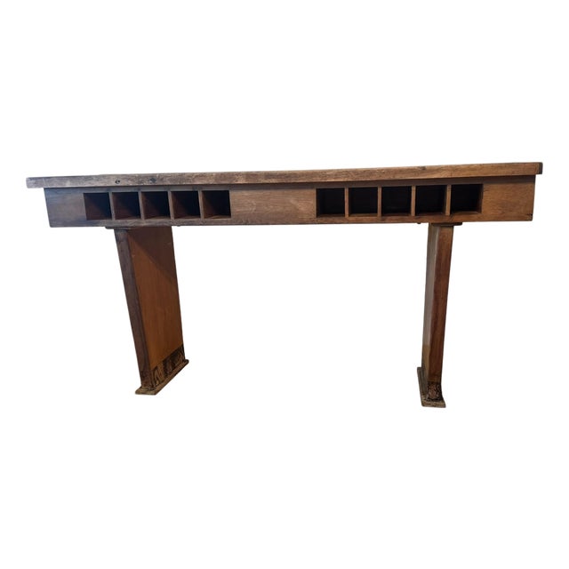 Vintage Bank Writing Table With Pigeonhole Cubbies, 72″ Console For Sale