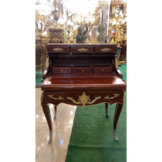 1960s French Louis XV Secretary Desk Hand-Painted Mahogany Bureau Plat 6 drawers Mahogany For Sale - Image 4 of 6