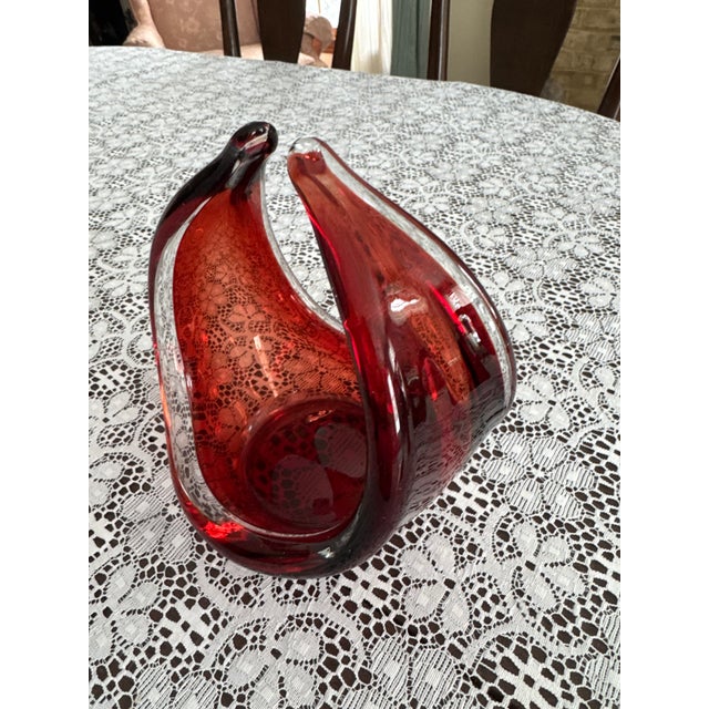Vintage Mid Century Modern Ruby Red Bowl / Basket. Interesting decorative stretched glass sculpture with irregular form...