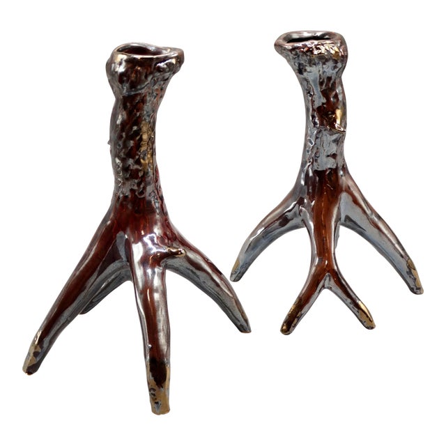 Organic Metallic Antler Candle Holders, a Pair For Sale