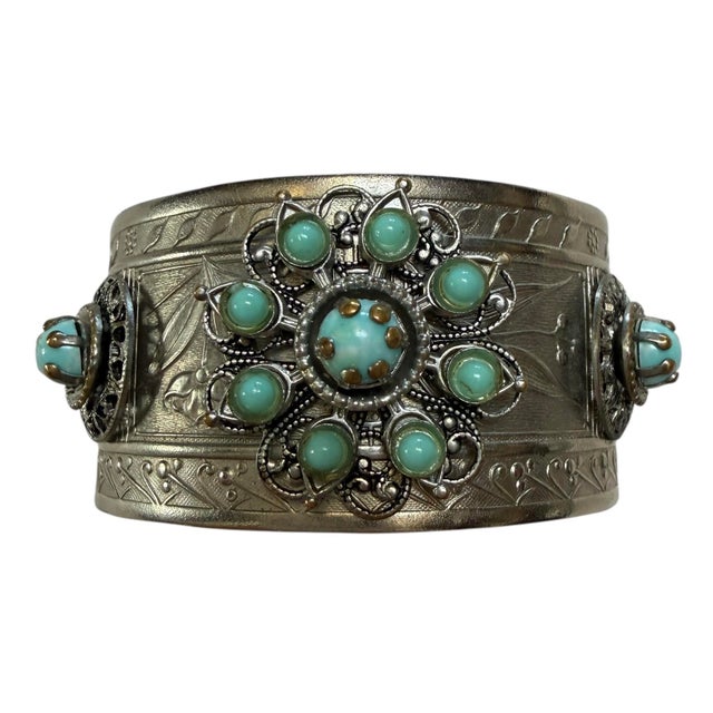 Metal Vintage Silver Plated Cuff With Turquoise Beads and Scrollwork For Sale - Image 7 of 7