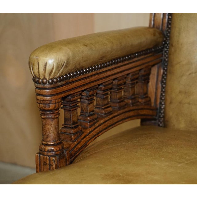 Wood Victorian English Oak Hand Dyed Leather Library Reading Armchair For Sale - Image 7 of 18