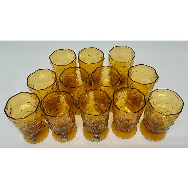 1950s Set of 12 Vintage Mid Century Morgantown Amber Crinkled Glasses For Sale - Image 5 of 9