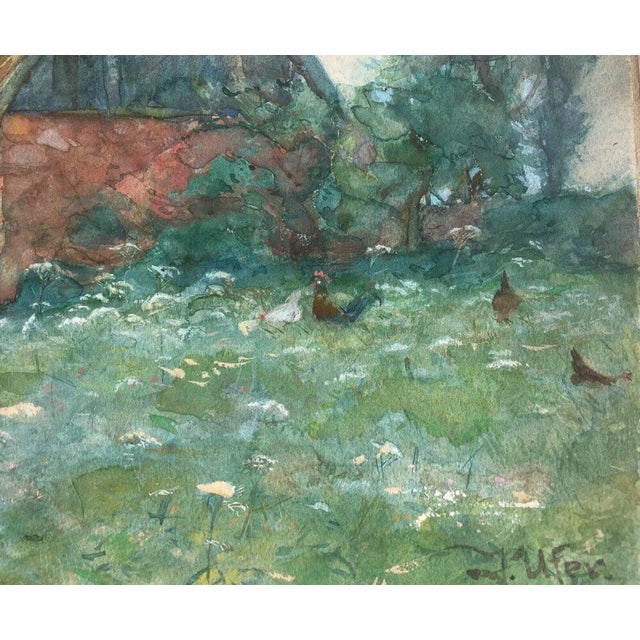 Ufer Johannes Paul, Elbier Dresden Village Building with Chickens, 1890s, Gouache For Sale - Image 6 of 13