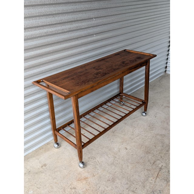 Mid-Century Modern Mid Century Modern Wood Bar Cart Rolling Serving Trolley For Sale - Image 3 of 14
