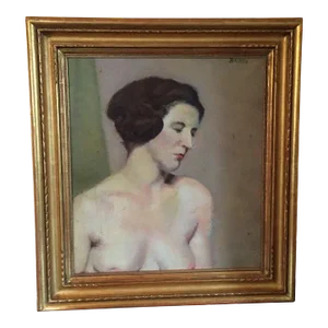 Self Portrait Nude Torso Oil Painting on Canvas Peggy Bacon (1895 - 1987) in Period Carved Gilt Wood Frame 1930 Jazz Age Art Deco