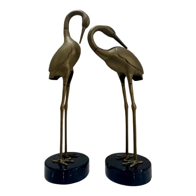 Pair of Life-Size Brass Crane Sculptures on Marble Bases in Style of Feldman For Sale