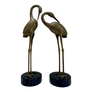 Pair of Life-Size Brass Crane Sculptures on Marble Bases in Style of Feldman