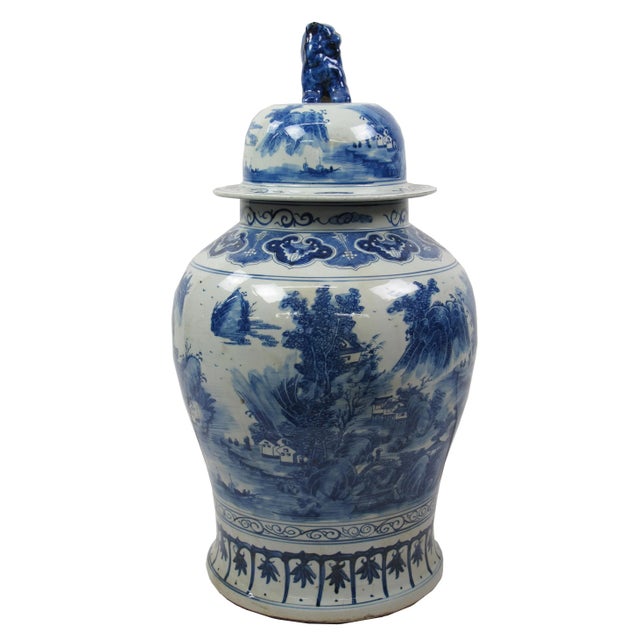 Large Chinese Blue & White Porcelain Ginger Jar With Foo Dog Lid For Sale - Image 4 of 13