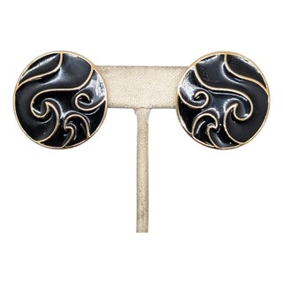 Vintage 1980s Signed Trifari Round Black Enamel "Wind" Pierced Earrings-2 Pieces For Sale