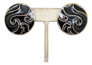 Vintage 1980s Signed Trifari Round Black Enamel "Wind" Pierced Earrings-2 Pieces