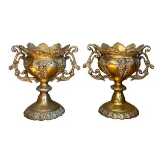 Vintage Brass Cherub Urns - A Pair For Sale