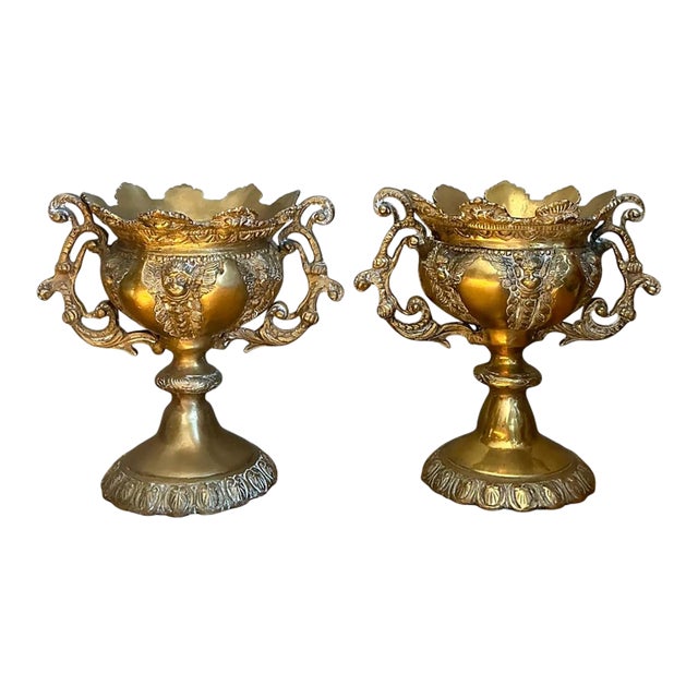 Vintage Brass Cherub Urns - A Pair For Sale