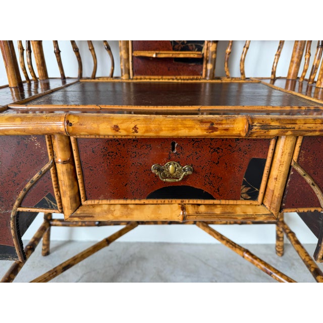 19th-Century English Aesthetic Movement Burnt Bamboo & Lacquer Writing Desk With Mirror For Sale In Miami - Image 6 of 17