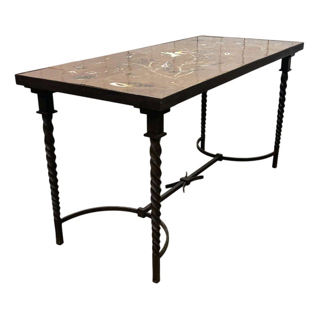 Wrought Iron Console Table with Tiled Earthenware Top and Seabed Decoration, 1950s For Sale