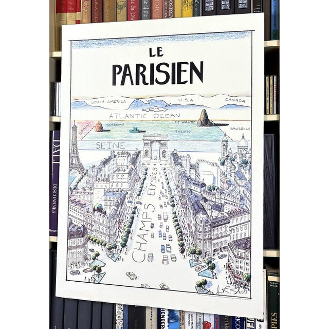 Mid-Century Modern The Parisian View of the World From the Champs Elysees a La Saul Steinberg Original 1984 Paris Poster For Sale - Image 3 of 8