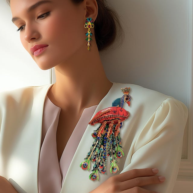 1990s Lunch at the Ritz, Rare Handcrafted Peacock Pin Brooch Pendant With Crystals For Sale In Los Angeles - Image 6 of 10