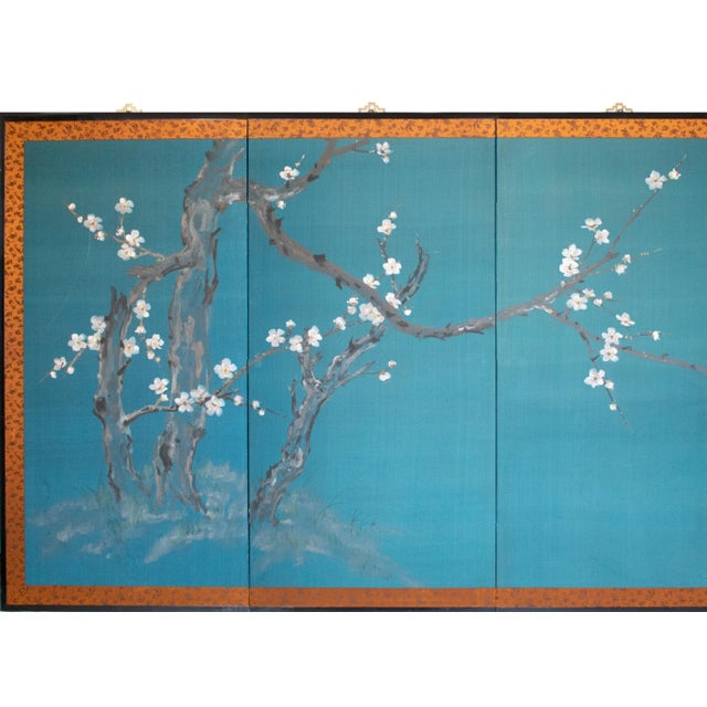 Beautiful 4-Panel Japanese Style painted folding silk screen depicts Blossoming Cherry Tree on cerulean blue background....