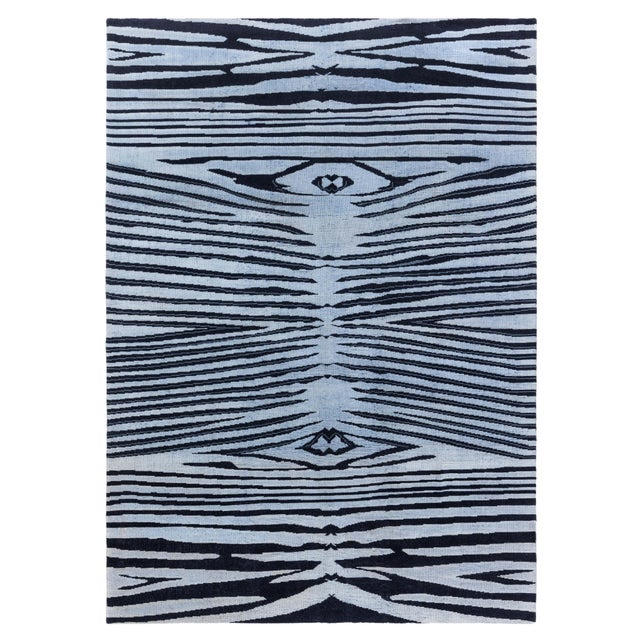 Modern Animal Skin Zebra Design Wool Rug in Black and Blue by Doris Leslie Blau For Sale