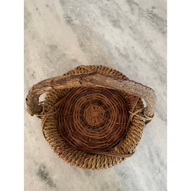 Vintage Rustic Woven Basket With Branch Handle For Sale In New York - Image 6 of 7