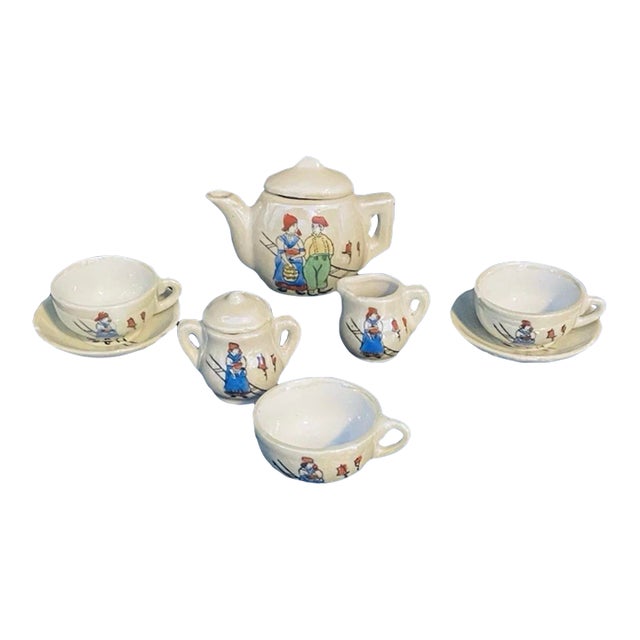 Vintage Japan Childrens Mini Lusterware Tea Set Dutch Boy Girl Pearlescent Toy For Sale