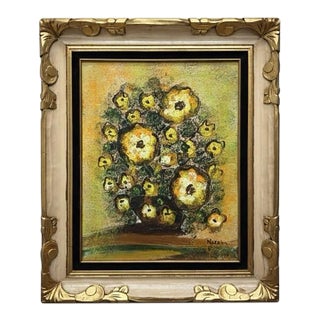 Chic Monumental Mid-Century Impasto Floral Painting in Original Solid Carved Wood Hollywood Regency Frame For Sale