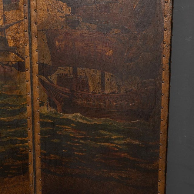 20th Century Oil Painted on Leather Room Screen, 1920s For Sale - Image 14 of 18