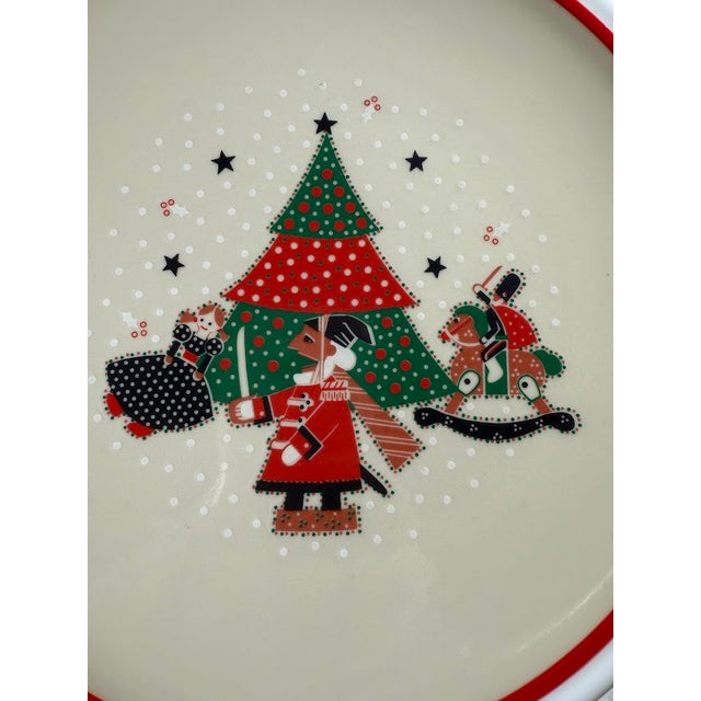 Traditional 1980s Epoch “Holiday Joy” Dinner Plate - Red Band, Quilted Xmas Tree, Gray Stars & Toys, People For Sale - Image 3 of 5