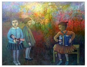 Lucyna Patalita, Children in a Garden, Oil on Canvas, 1995