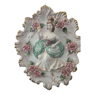 Rare Vintage Porcelain Capodimonte 3d Renaissance Couple Plaque Italy Wall Decor For Sale