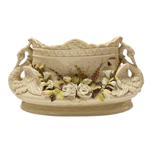 Early 20th Century Capodimonte Italian Floral Swan Centerpiece Bowl Cachepot