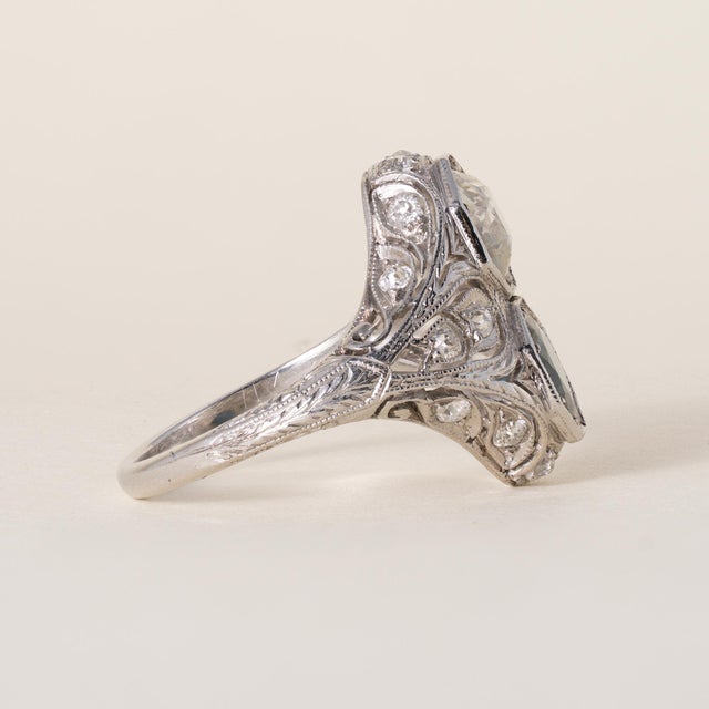 Early 20th Century J.E. Caldwell Sapphire & 1.10ct Old European Cut Diamond Art Deco Platinum Ring, Size 5 For Sale - Image 4 of 6
