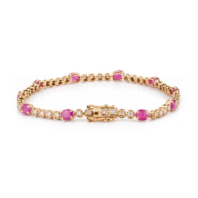 Ruby Red Early 20th Century 3.1ct Ruby & Natural Diamond 14k Gold Tennis Bracelet For Sale - Image 8 of 18