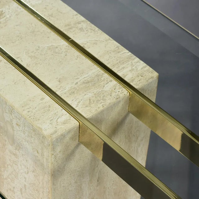 Alabaster Maitland-Smith Style Brass and Glass Travertine Stone Pedestal Console Table For Sale - Image 8 of 11