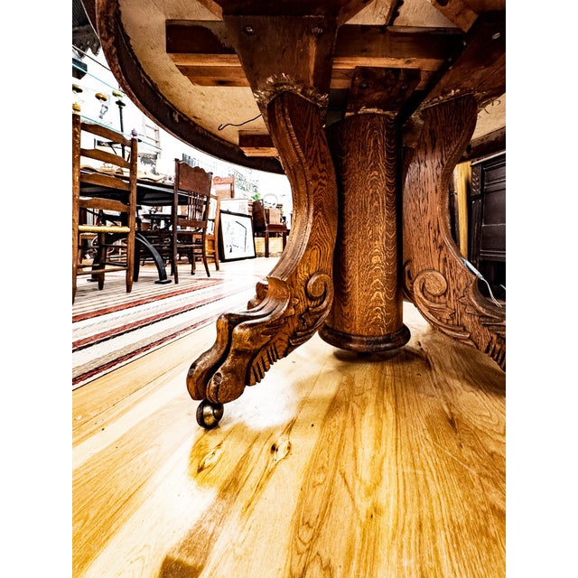 Early 20th Century Solid Oak Clawfoot Dining Table With Four Leaves For Sale - Image 14 of 18