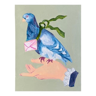 Contemporary “Love Letters in Flight: Messenger” by Dorothy Collier - Original Acrylic Painting on Board 12x16” Bird in the Hand, Messenger Wall Art For Sale