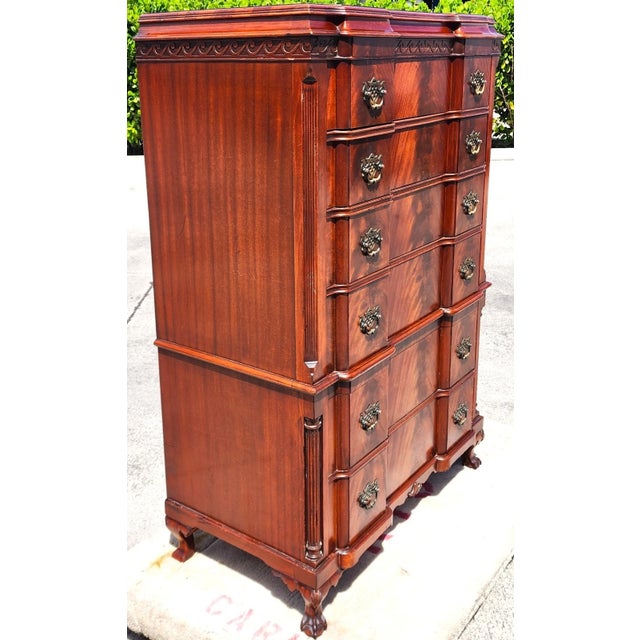 English Antique Georgian Flame Mahogany Block Front Highboy Dresser For Sale - Image 3 of 18