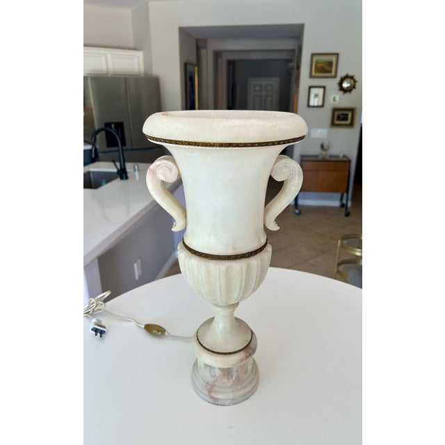 Single Italian Tall Alabaster and Brass Urn Handles Table Lamp For Sale - Image 9 of 18