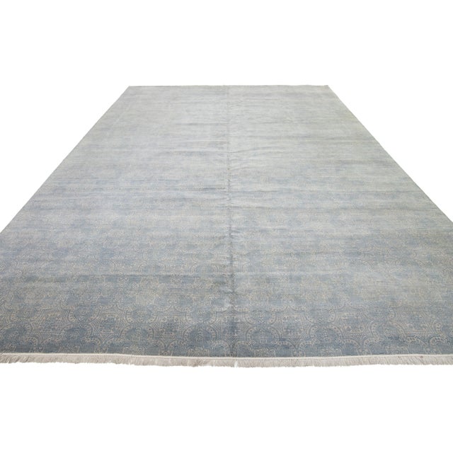 10 X 15 Allover Designed Contemporary Wool Rug Handmade in Gray and Blue For Sale - Image 10 of 10