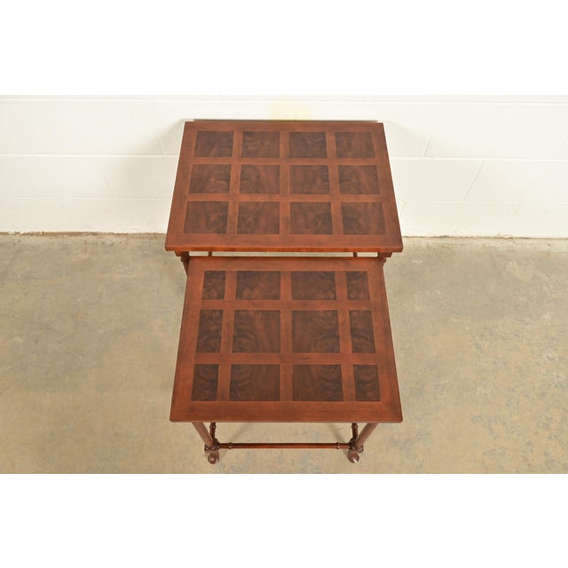 Baker Furniture English Regency Walnut and Burl Wood Parquet Top Nesting Tables, Pair For Sale In South Bend - Image 6 of 13