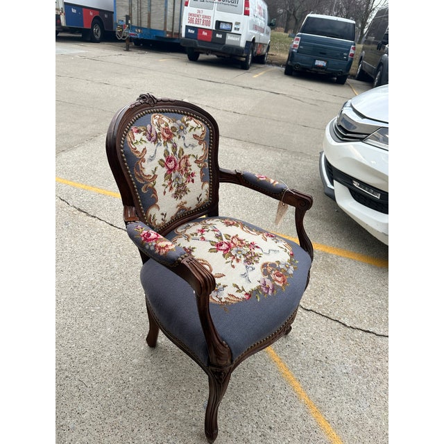 Vintage French Slate Blue Needlepoint Arm Chair For Sale - Image 11 of 12
