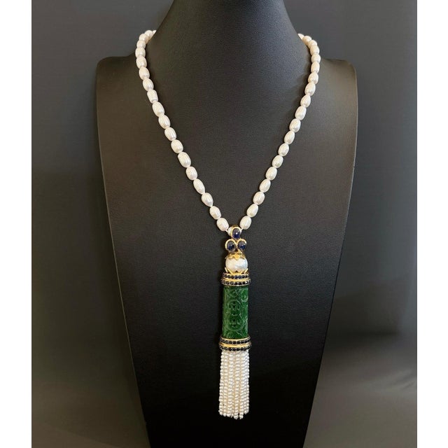 Bochic “Orient’ South Sea Pearl, Sapphire and Jade Pendant Set 18K Gold and Silver For Sale - Image 4 of 12