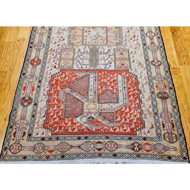 Vintage Shahsavan Soumak Tribal Rug, Handwoven Wool & Silk, Geometric Pattern, Ivory & Red, 4x7 For Sale - Image 13 of 18