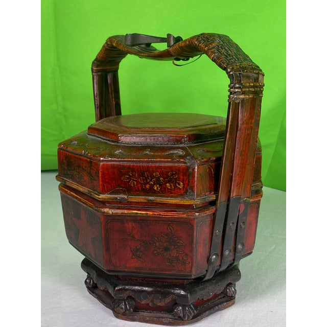 Ruby Red Antique Chinese Wedding Basket Octagonal Red Lacquer Wood Hand Painted Food Carrier For Sale - Image 8 of 12