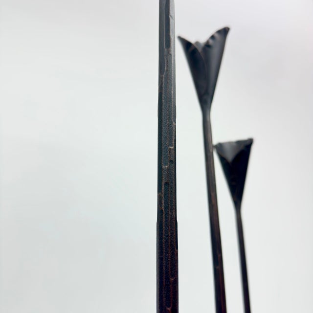 Hand Forged Iron Candelabra Set of 3 (97-117cm) Antique Copper Finish Slender Stem with Lily Cups For Sale - Image 6 of 9
